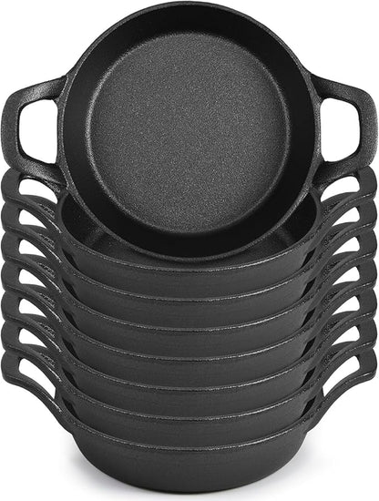 Mini Cast Iron Skillets 6.3 x 6.3 x 1.5 Inch Cast Iron Pan Small Ramekin Set Black Casserole Dish Cookware Oven Safe Mini Skillets for Kitchen Indoor Outdoor Picnic (8 Pack)