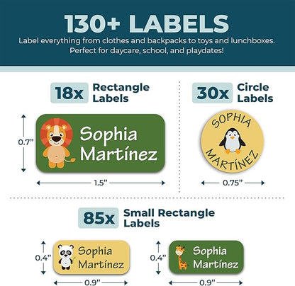 Personalized Daycare Name Labels for Kids (130 Labels) - Custom Waterproof Name Stickers for Clothing Tags, Water Bottles, Lunch Boxes and School Supplies (Animals)