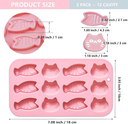 2PCS Chocolate Silicone Molds, 12 Cavity Cartoon Cat Mold Cat Treat Molds, Mini Fish Shape Silicone Mold Animals Candy Mold for Sugar, Candy, Chocolate