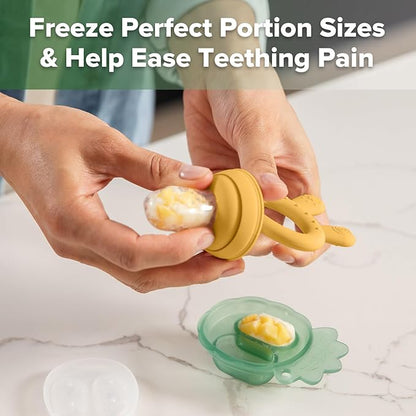 Haakaa Baby Fruit Food Feeder & Mini Freezer Nibble Tray Combo, Breastmilk Popsicle Molds for Baby Cooling Relief, BPA Free Silicone Feeder for Safe Infant Self Feeding, 4 Month+ (Mustard)
