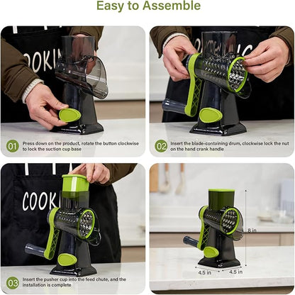 Rotary Cheese Grater hand crank, 3 Blades Cheese shredder with Stronger Suction Base | Stainless Steel Blades for Fruits, Vegetables, Nuts. Easy to Clean, Transparent Black & Green