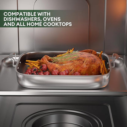COOKER KING Stainless Steel Nonstick Roasting Pan with Rack, Roaster Turkey Pan Dishwasher and Oven Safe, Compatible with All Cooktops (Rectangular, Large)