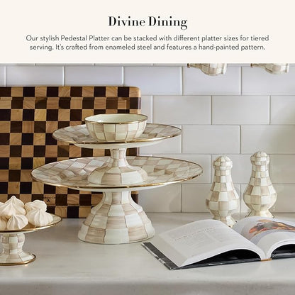 MACKENZIE-CHILDS Enamel Pedestal Platter, Round Cake Stand, Large, Brown-and-White Mocha Check