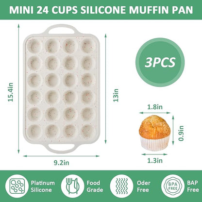 RHBLME 3 Pack Mini Muffin Silicone Molds, Metal Reinforced Frame Cupcake Pans 24 Cups Mini Muffin Pan, Nonstick Silicone Muffin Pan with Handle for Baking Muffins Egg Bites Cupcakes