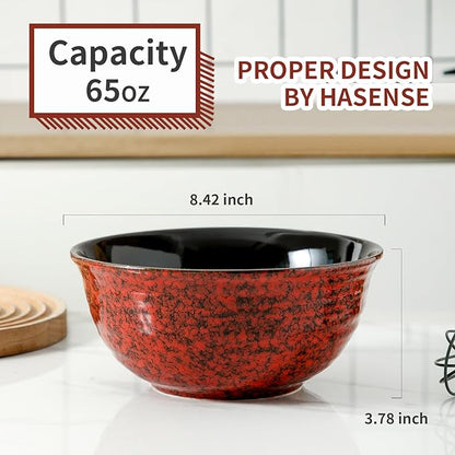 Hasense Ceramic Salad Bowl, 60 Ounces Large Serving Bowls, 8.5 Inch Soup Bowls Set of 2, Pasta Bowls for Ramen, Pho, Fruit, Housewarming, Wedding Gifts, Microwave Dishwasher Safe, Red