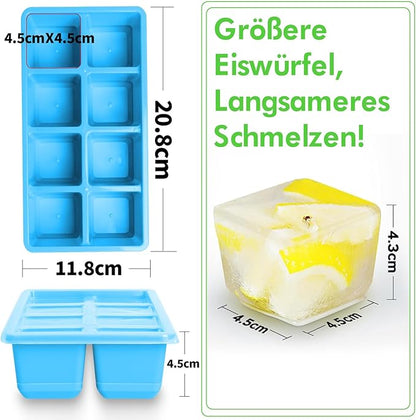 Large Ice Cube Molds 2 Pack, FURNSII Silicone Ice Cube Tray for Freezer with Lid, 8 Giant Square Cubes, Easy Release Stackable Ice Molds for Whisky Cocktails (Black)
