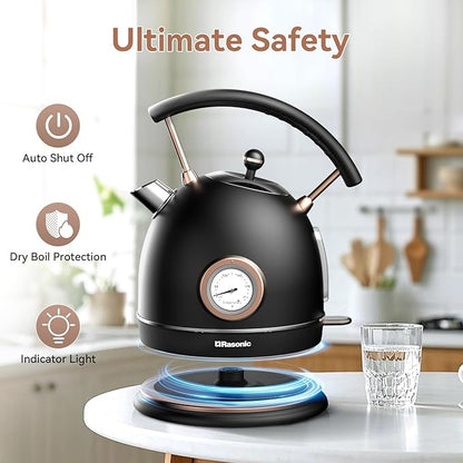 Rasonic Retro Electric Kettle Stainless Steel, 1.8L Tea Water Boiler, 1500W Fast Quiet Boil, Temperature Gauge, Auto Shut-Off, Boil-Dry Protection, Matt Black and Rose Gold