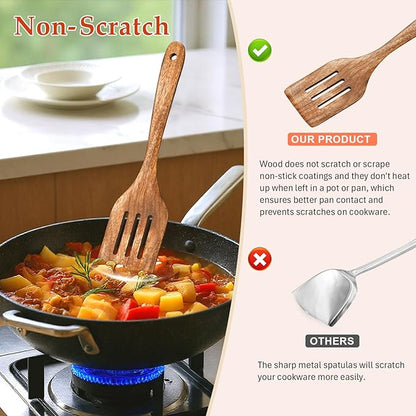 3Pcs Wooden Spatulas, Wooden Spatula for Cooking Long Handle Frying Turner Non-Stick Slotted Spurtle and Wood Scraper for Flipping, Scraping, and Turning, Cooking Utensils Set