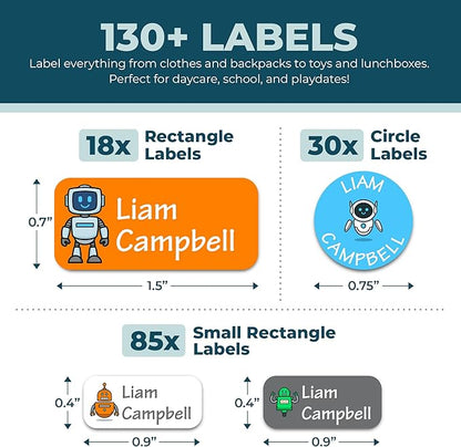 Personalized Daycare Name Labels for Kids (130 Labels) - Custom Waterproof Name Stickers for Clothing Tags, Water Bottles, Lunch Boxes and School Supplies (Robots)