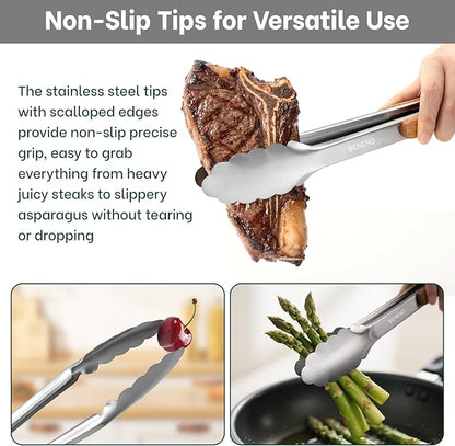 Beneno 12-Inch Food-Grade Stainless Steel Kitchen Tongs with Heat-Insulating Wooden Handle & Non-Slip Scalloped Tips, Heavy Duty Locking Food Tongs for Cooking, Grilling, BBQ and Serving