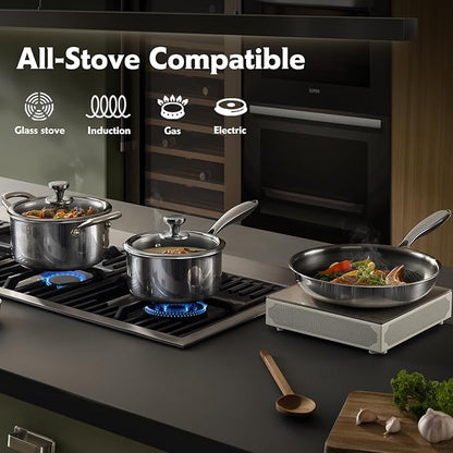 Non Stick Pots and Pan Set, 10 Pcs Hybrid Stainless Steel Cookware Set with Lids, Kitchen Skillet, Stock Pot, Nonstick Frying Pan, PFOA-free Kitchen Cooking Utensils,Induction,Dishwasher Safe