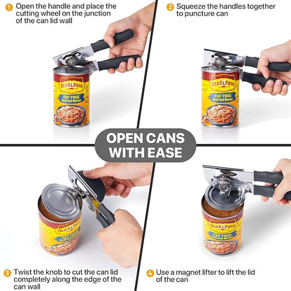 Can Opener Manual Heavy Duty, UHIYEE Hand Held Can Openers for Seniors with Comfort Grip Sharp Blade, Solid Steel Hand Manual Can Open with Magnet for Kitchen Camping, Gray