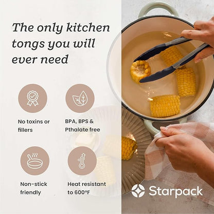 StarPack Premium Silicone Kitchen Tongs 9-Inch - Stainless Steel with Non-Stick Silicone Tips, High Heat Resistant to 600°F, For Cooking, Serving, Grill, BBQ & Salad (Gray Black)