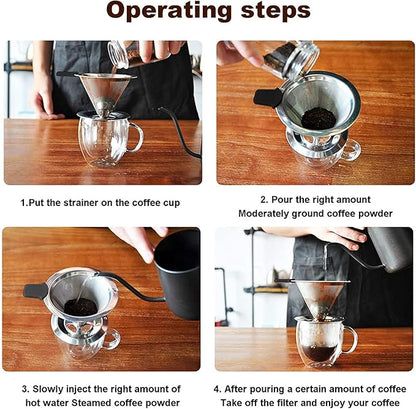 Slow Drip Paperless Coffee Filter, Pour Over Coffee Dripper, Reusable Pour Over Coffee Maker for Single Cup Brew, Double Mesh Design of Stainless Steel Cone Filter, with Clean Brush (1-4 cups)