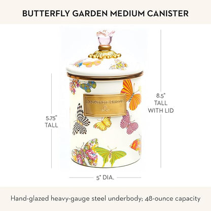 MACKENZIE-CHILDS Butterfly Garden Enamel Canister, Pretty Kitchen Storage Container with Lid, Medium