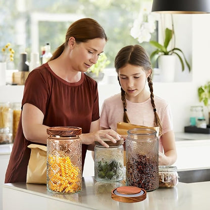34 OZ Glass Storage Jar with Airtight Bamboo Wooden Lids, Vintage Food Containers Canisters Sets for Kitchen Counter Pantry, Sugar, Flour, Candy, Tea, Coffee Beans, Oats, Grain Bin, Pasta, Cereal