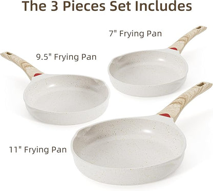 Caannasweis Nonstick Granite Frying Pan Skillet, Non Stick Omelette Fry Pans, Omelet Egg Pan, Stone Cookware Chef's Pan, Induction Compatible, PFOA Free (Beige, 3 Pcs)