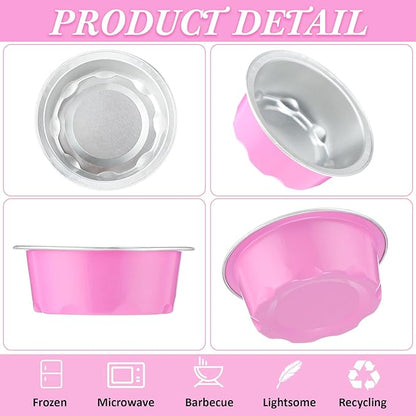 Eaasty 150 Pcs Baking Cups with Lids, 1.6 oz Muffin Cupcake Liners Aluminum Foil Mini Cake Pans Small Disposable Ramekins Flan Containers with Lids for Weddings, Birthday, Various Holiday (Pink)