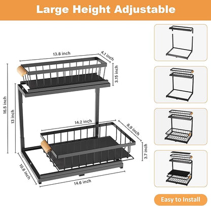 Under Sink Organizer, 2-Tier Metal Pull Out Cabinet Organizer Shelf Kitchen Bathroom Organizers and Storage with Sliding Drawer Undersink Pantry Cabinet Closet