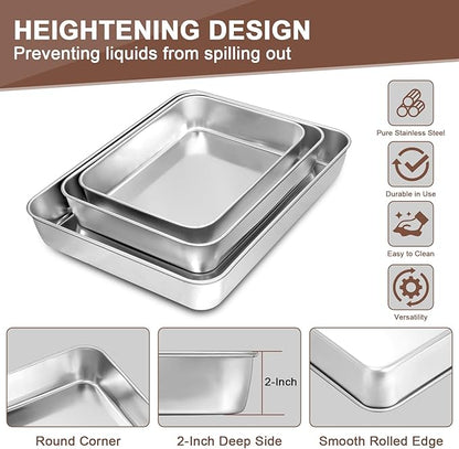 Baking Pans Set of 3, Commercial Grade Stainless Steel Cookie Pan for Baking, 12/10/9 Inch, Rectangle Bakeware Set for Cakes Breads Lasagna Casseroles, Rust & Warp Resistant & Nonstick, Heavy Duty
