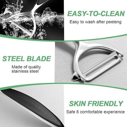 Vegetable Peeler - Stainless Steel Ultra Sharp Shape Potato Peelers, Non-Slip Soft Grip Handle, Y and I Effortless Carrot & Fruit Peeling 5-in-1 Peeler Set