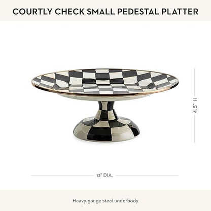 MACKENZIE-CHILDS Enamel Pedestal Serving Platter, Decorative Serving Dish for Food, Small, Black-and-White Courtly Check