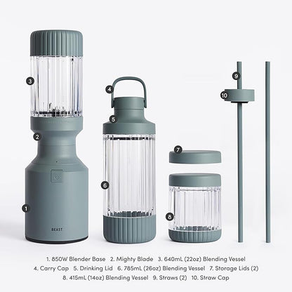 Beast Mighty 850 Plus | Premium Compact Personal Blender | Smoothies, Shakes, Dressings, Sauces | Blends Ice and Frozen Fruit | New XL Vessel | Extra Vessels, Lids and Straws | 850W (Mist)