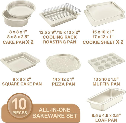 HONGBAKE Bakeware Sets, Baking Pans Set, Nonstick Oven Pan for Kitchen with Wider Grips, 10-Piece Including Rack, Cookie Sheet, Cake Pans, Loaf Pan, Muffin Pan, Pizza Pan -Cream