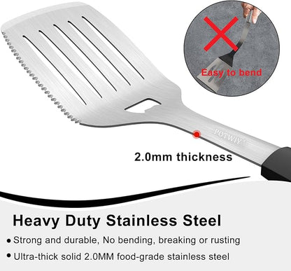 BBQ Grilling Accessories, 3Pcs Stainless Steel Grill Tools Accessories Set with Spatula, Fork and Tongs, Barbecue Utensils Grilling Tools for Outdoor Camping, Heat-Resistant Silicone Handle
