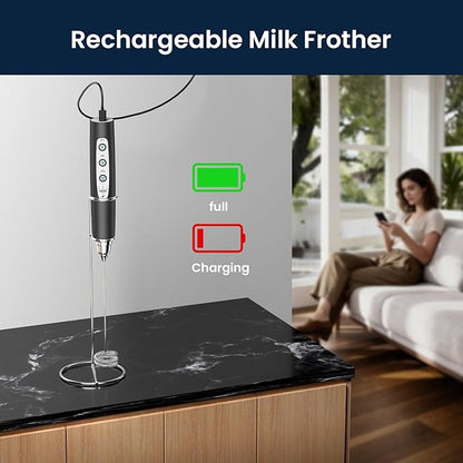 Milk Frother with Stand Rechargeable-Handheld Coffee Frother with 3 Stainless Whisks 3 Speed Adjustable, Electric Whisk Drink Mixer, Foam Maker Blender for Matcha Latte Cappuccino Chocolate