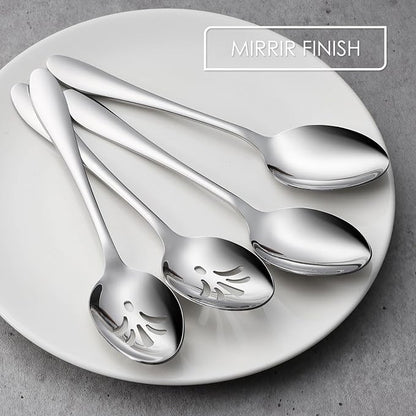 E-far Stainless Steel Serving Utensils, 4-Piece Serving Spoons Set Includes Slotted & Solid Spoons, Metal Hostess Tablespoons for Catering Buffet Party Kitchen Restaurant