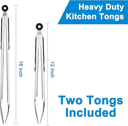 16-inch & 12-Inch Grill Tongs for Cooking BBQ Heavy Duty Extra Long Grilling Tongs, Premium Set 2 pack