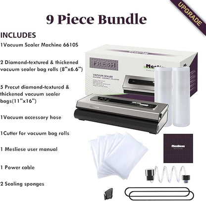 Mesliese Vacuum Sealer Machine Powerful 90Kpa Precision 6-in-1 Compact Food Preservation System with Cutter, 2 Bag Rolls & 5 Pre-cut Bags, Widened 12mm Sealing Strip, Dry&Moist Modes (Silver)