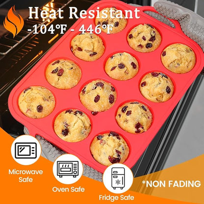 CAKETIME Silicone Muffin Pan, Metal Reinforced Frame Silicone Cupcake Pan Regular Size 12 Cups Nonstick Muffin Tins for Baking Easy to Move 2 Pack Red