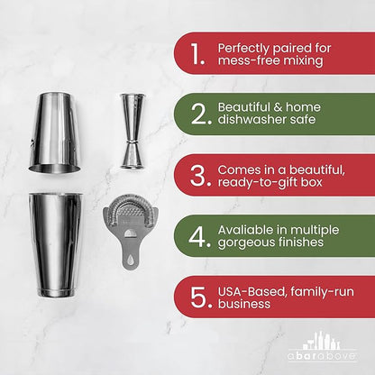 A Bar Above 4-Piece Cocktail Shaker Set, for Professional and Home Bar, Premium Bar Kit Gifts, Includes Strainer, Japanese Jigger, and Boston Shaker Set