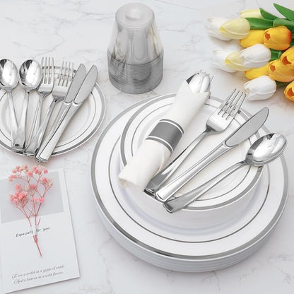 Goodluck 700 Piece Silver Plastic Dinnerware Set for 100 Guests, Disposable Plates for Party, Include: 100 Dinner Plates, 100 Dessert Plates, 100 Pre Rolled Napkins with Silverware, 100 Cups