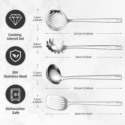 18/8 Stainless Steel Cooking Utensils Set, Spatula Set Kitchen Wok Utensils Set, Include Soup Ladle,Spaghetti Server,Slotted Spatula Turner,Skimmer(Dishwasher Safe, Mirror Polished)