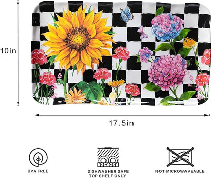 LEHAHA Rectangular Melamine Sunflower Serving Tray, 2-Piece Hydrangea Serving Platter Set, 17.5" x 10" Colorful Trays/Platters Sets for Outdoor and Indoor Dining and Entertaining Parties,Black Plaid