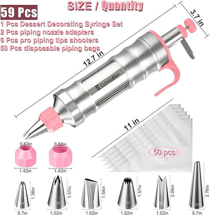 Dessert Decorating Syringe Set, Frosting Piping Kit icing piping kit Food Grade Stainless Steels (6 pro piping tips shooters 50 disposable piping bags) For Baking, Decorating Cupcake, Deviled Eggs