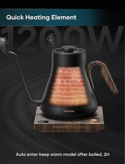 Electric Kettle, Gooseneck Electric Kettle, ±1℉ Precise Temperature Control, Stainless Steel Interior, Quick Heating for Pour Over Coffee, Tea & Boiling Water, 0.9L (Matte Black & Wood)