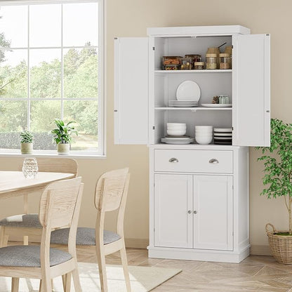 FOTOSOK 72 Kitchen Pantry Storage Cabinets with Drawer, Freestanding Cupboard with 4 Doors, Drawer, 4 Shelves, Utility Pantry Cabinet for Kitchen, Dining Room, Living Room, White HPB-209