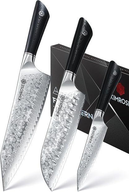 KIMROSE Damascus Knife Set - 3PCS - High-Carbon 10Cr15CoMoV Alloy Steel - Professional Chef Knife - G10 Handle - Razor Sharp Kitchen Knives - Magnetic Sheath - Gift Box
