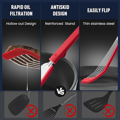 Silicone Fish Spatula Turner Set of 2,2-in-1 Heat Resistant Silicone Slotted Fish Spatulas for Nonstick Cookware,Flexible Thin Stainless Steel Slotted Fish Turner Spatula Flipper for Fish,Egg,Pancake