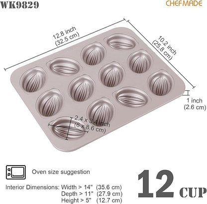 CHEFMADE Muffin Cake Pan, 12-Cavity Non-Stick Rugby-Shaped Bakeware for Oven Baking (Champagne Gold)
