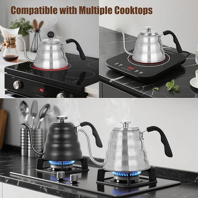 Tea Kettle with Thermometer Pot Black Stovetop Tea Kettle 40oz Gooseneck Kettle Teapot Pour Over Coffee Kettle with Thermometer,1200ml,6 Cup,Black,1Pack