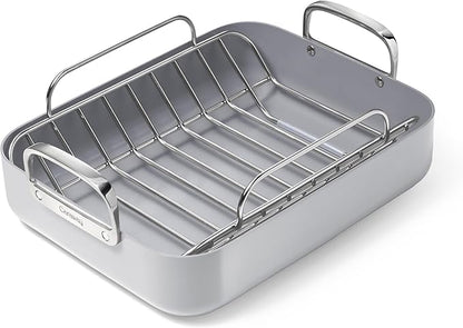 Caraway Roasting Pan - 16x13” Roasting Pan with Rack - Non-Stick Ceramic Coated - Non Toxic, PTFE & PFOA Free - Oven Safe & Compatible with All Stovetops - Gray