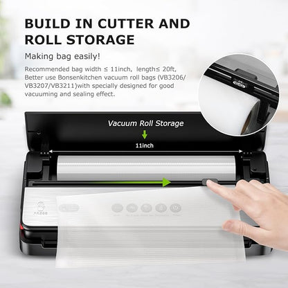 Bonsenkitchen Vacuum Sealer Machine, Multi-Functional Food Sealer with 1 Roll Bag, Bag Storage | Built-in Cutter, Black-Silver