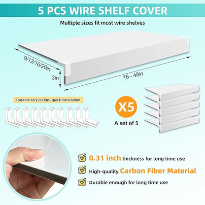 5 Pcs Wire Shelf Cover, 24X12X3 Inch Carbon Fiber Material Shelf Covers for Pantry Shelves(Not Wood), Waterproof Removable Closet Shelving Liner for Home Kitchen,Office Organization - White
