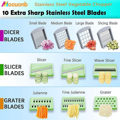 Stainless steel Vegetable Chopper, Veggie Chopper With 10 Blades, Onion Dicer with Container, Food Cutter & Grater Mandoline Slicer