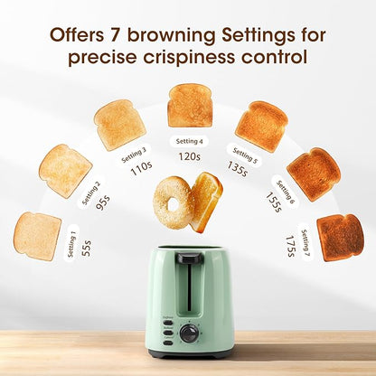 iSiLER 2 Slice Toaster, 1.3 Inches Wide Slot Bagel Toaster with 7 Shade Settings and Double Side Baking, Removable Crumb Tray, Defrost Cancel Function Green
